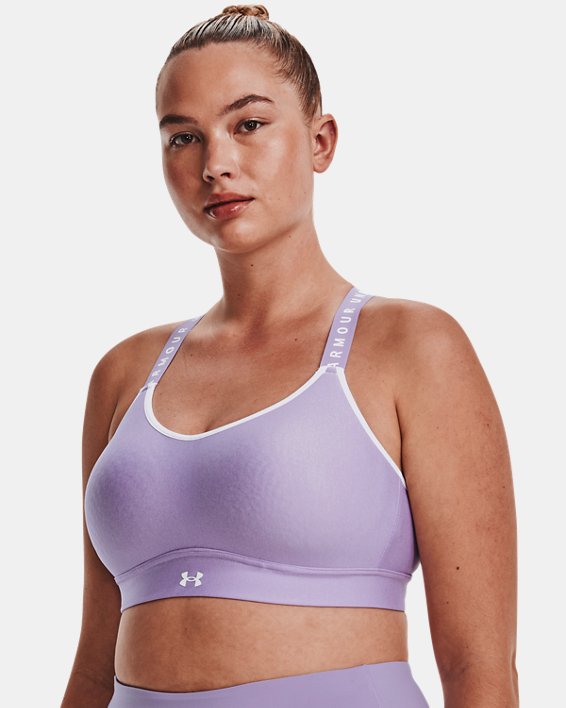 Women's UA Infinity Mid Heather Cover Sports Bra in Purple image number 4